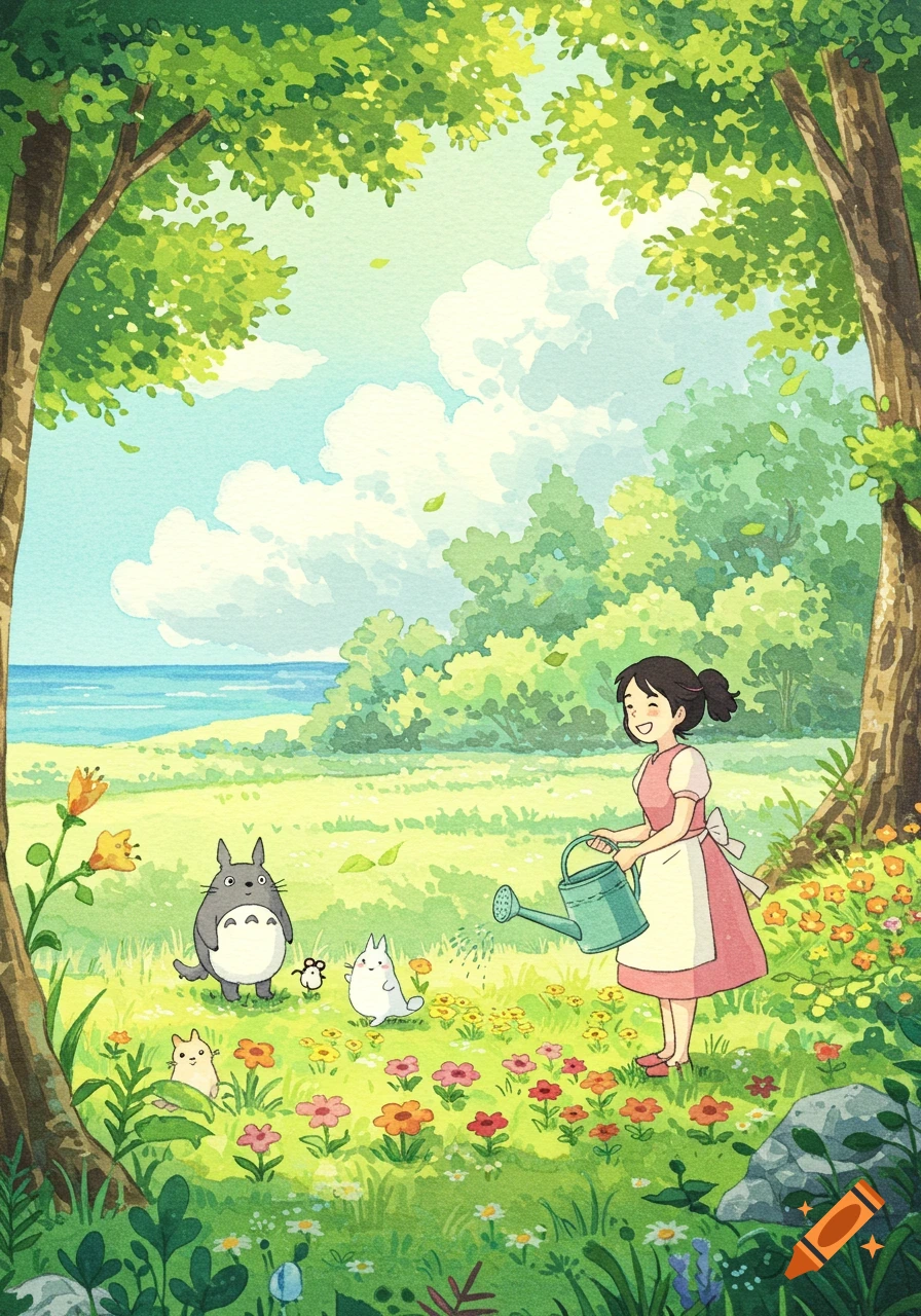 Girl watering flowers with Totoro and friends in a sunny field by the ocean, watercolor style.