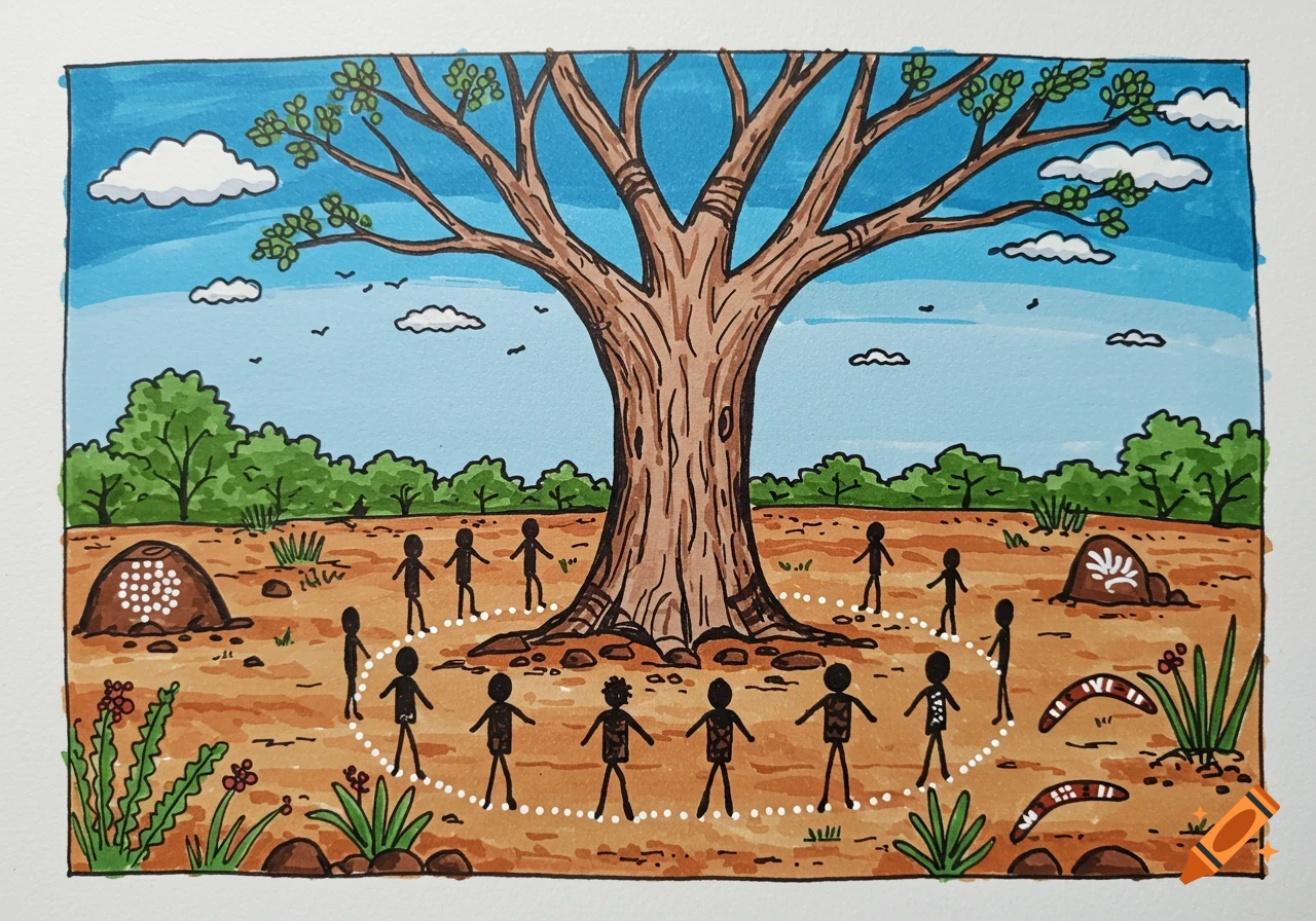 A drawing of stick figures gathered around a large tree in a simple landscape, in a naive art style.