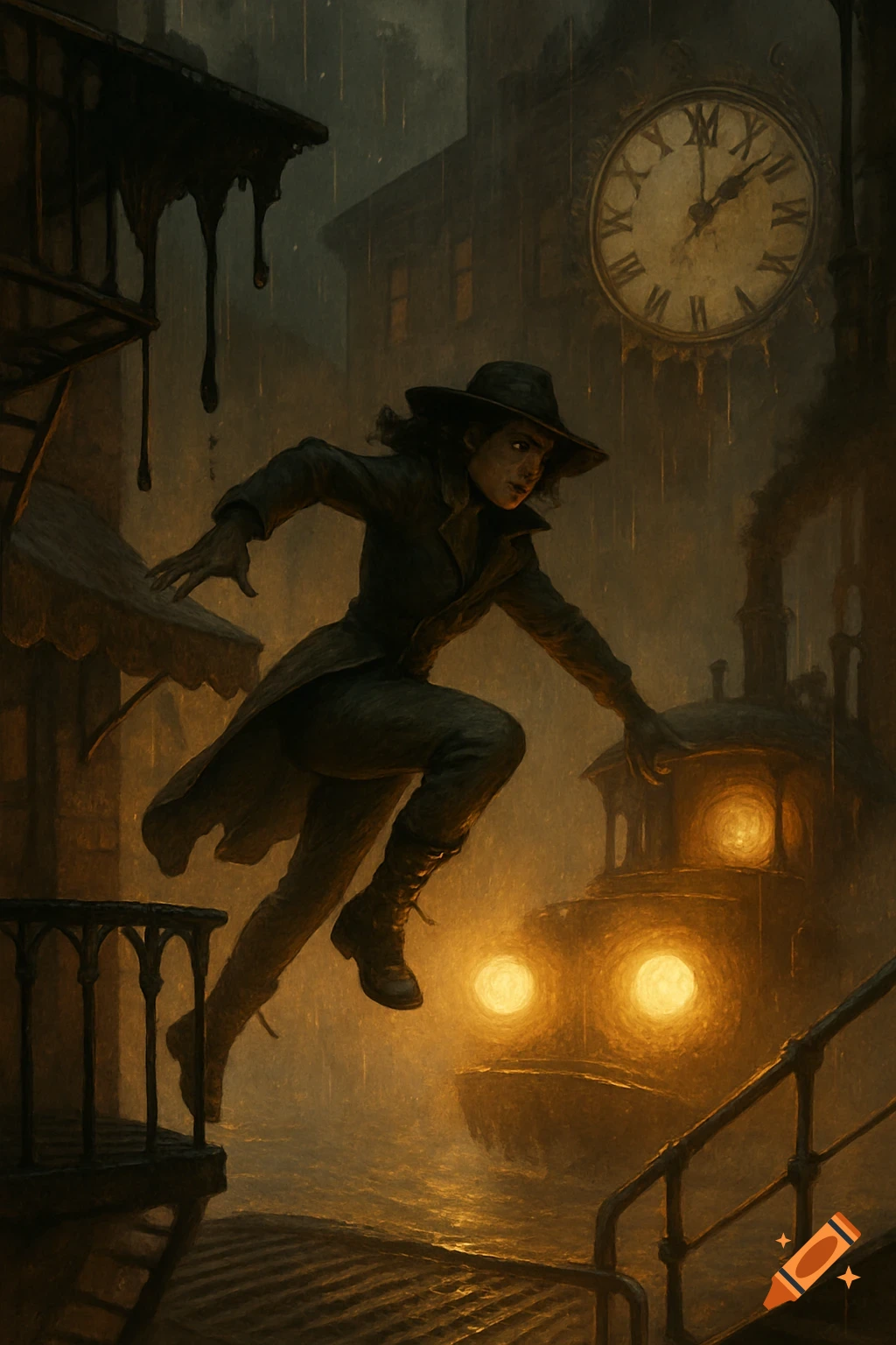Figure in a coat leaps onto a boat in a dark, rainy steampunk city street with a large clock.