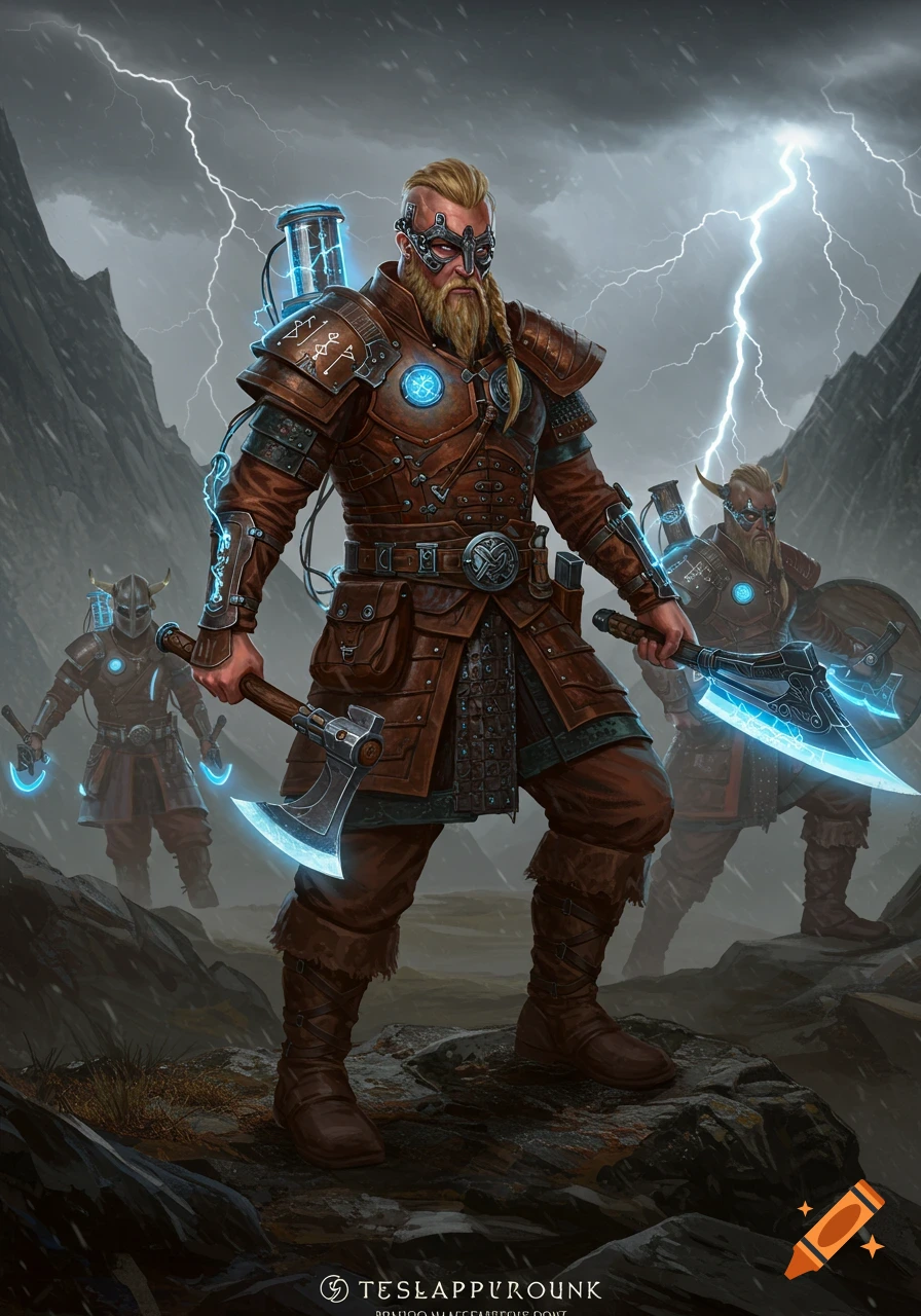 Realistic digital painting of Teslapunk vikings with glowing axes in a stormy mountain landscape.