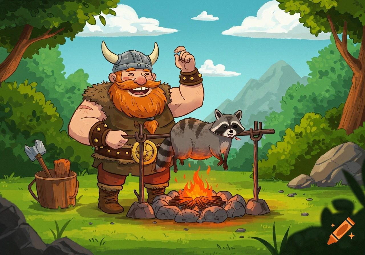 Cartoon viking roasting a raccoon over a campfire in a forest.