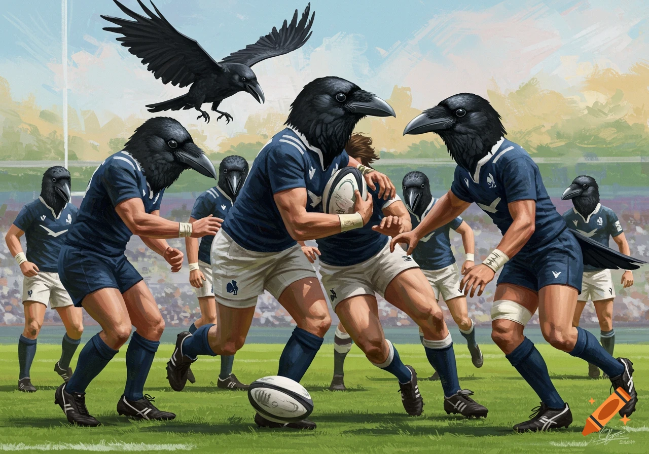 Crow-headed rugby players in blue uniforms compete on a field. on Craiyon