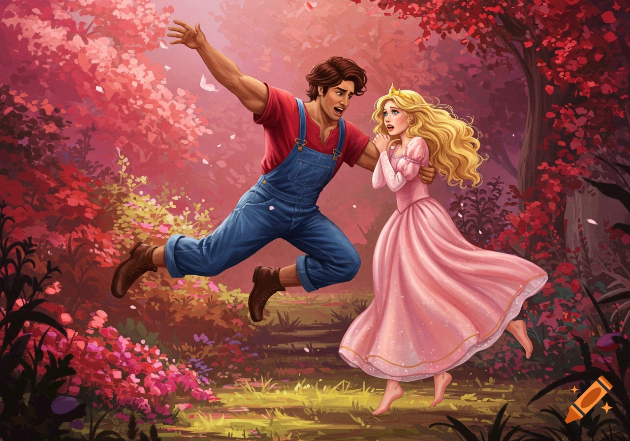 An illustration of a man in red and blue overalls jumping towards a princess in a pink dress in a forest.