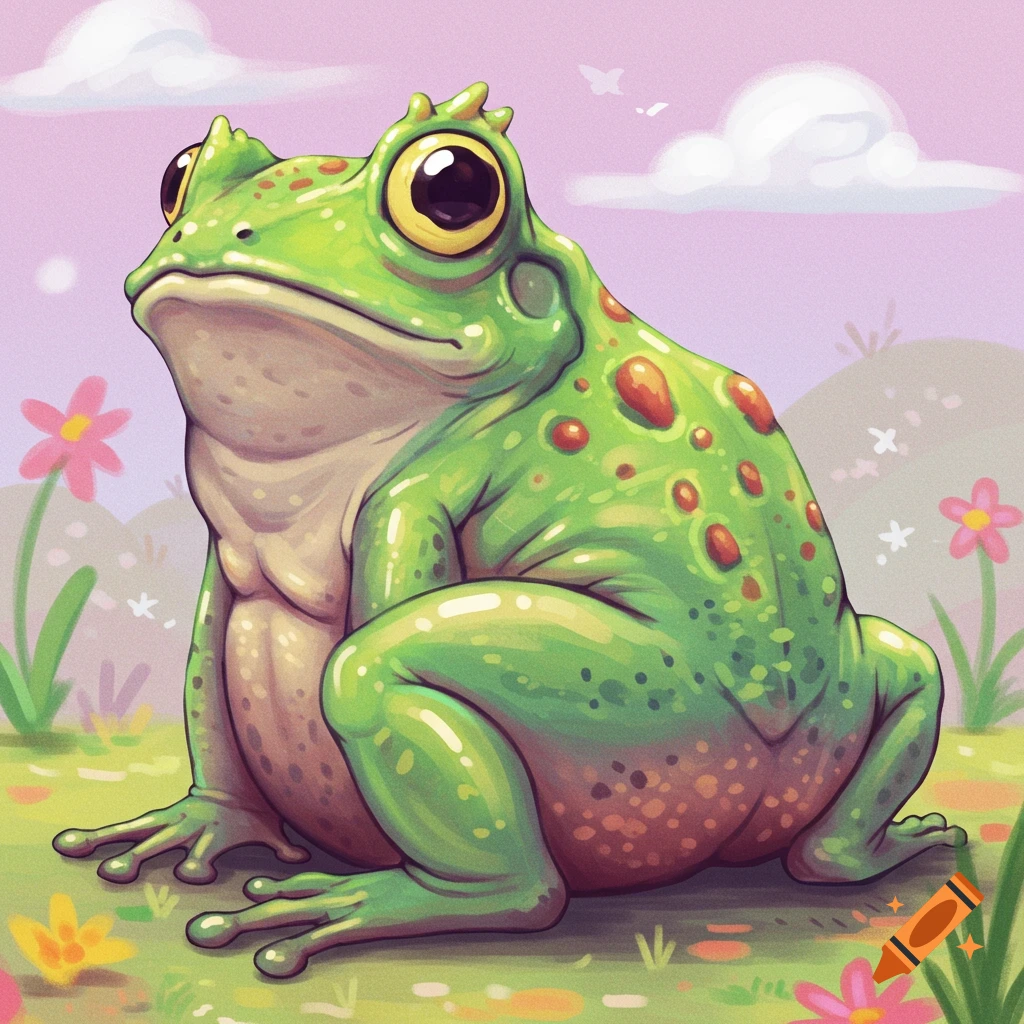 An illustration of a green frog with red spots sitting in a field of flowers.