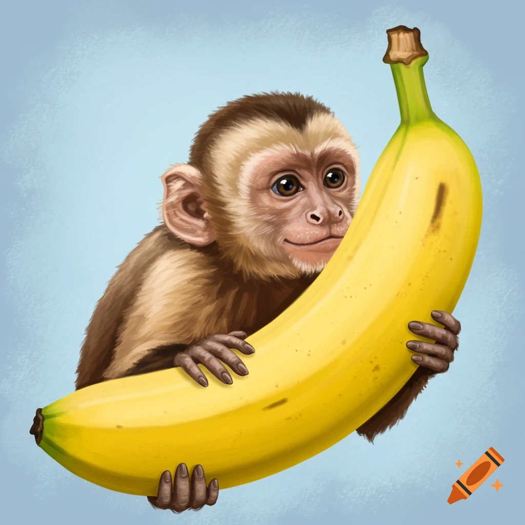 A baby monkey holds a large banana in a digital painting.