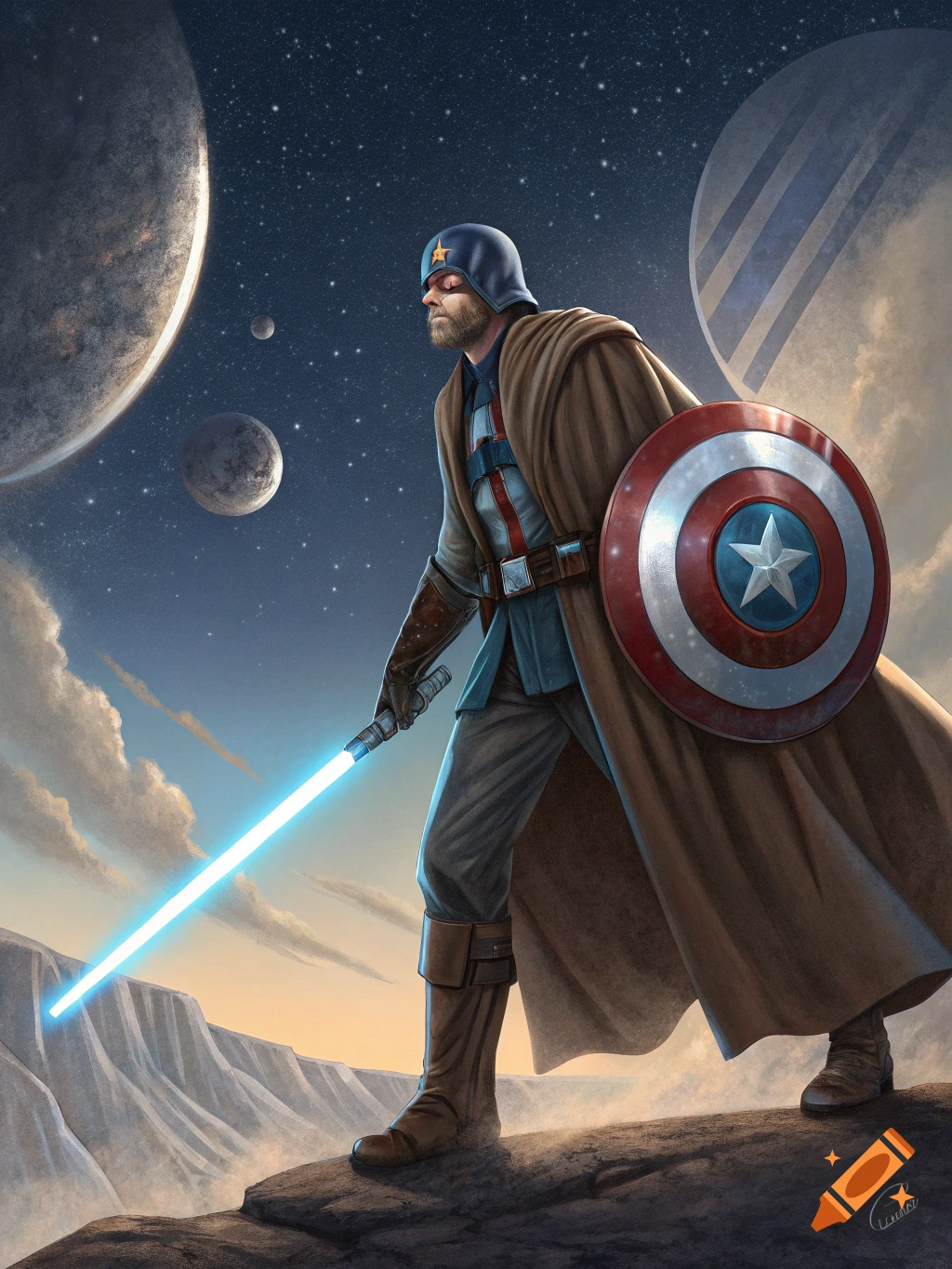 Captain America as a Jedi stands on a cliff holding a lightsaber and shield with planets and stars in the background.