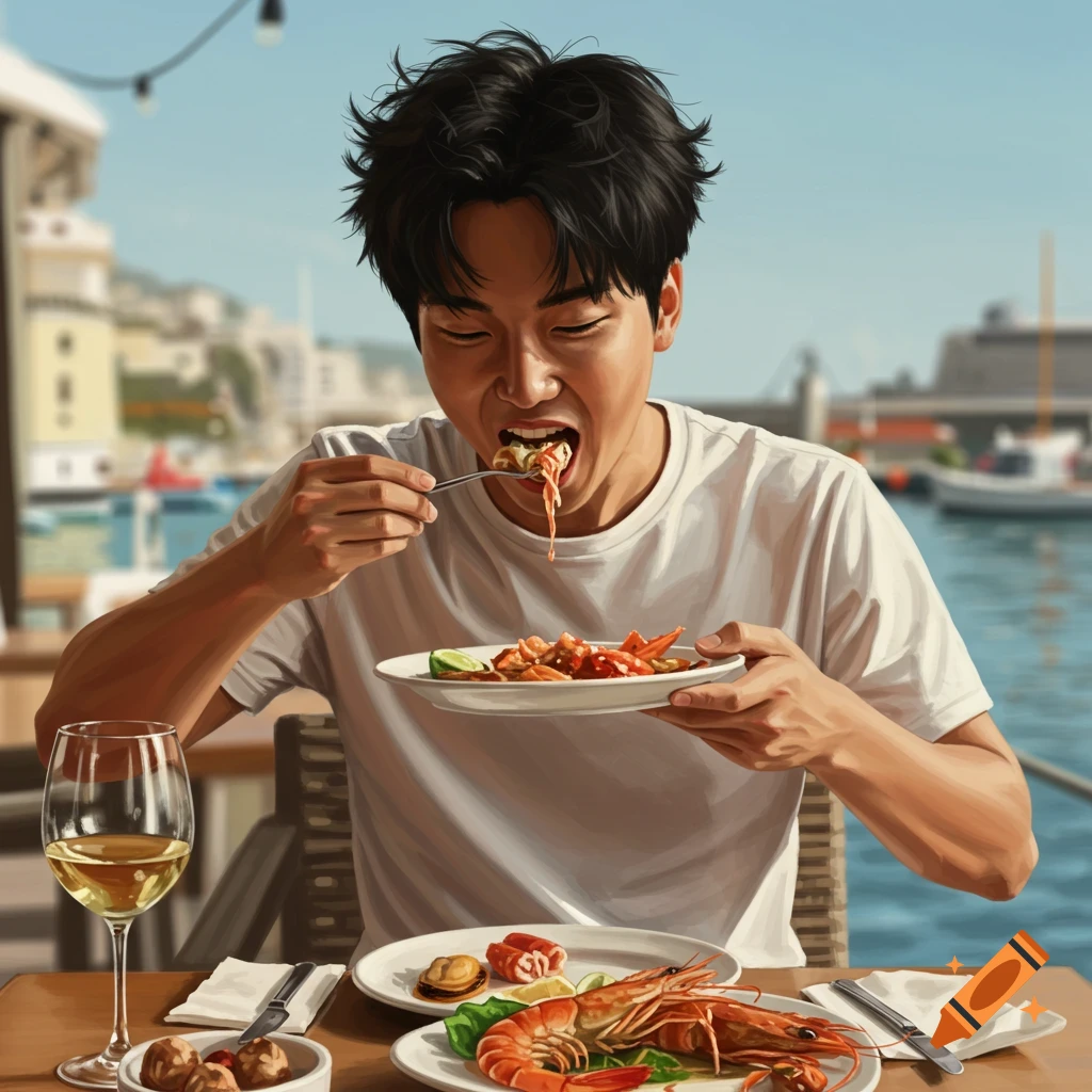 A person eats a plate of seafood and wine at a table overlooking the water.