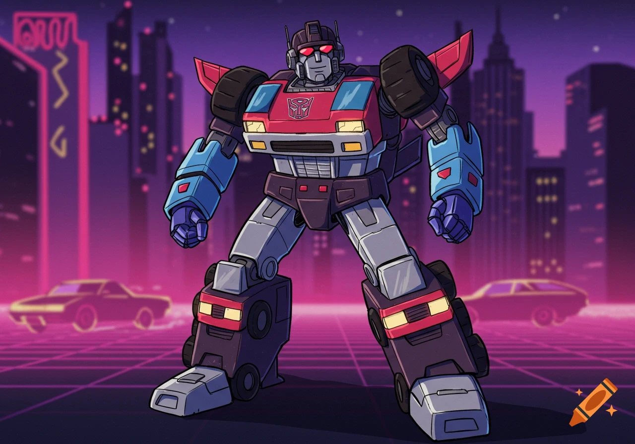 Stylized robot with car parts in an 80s synthwave city scene with glowing grid and cars.