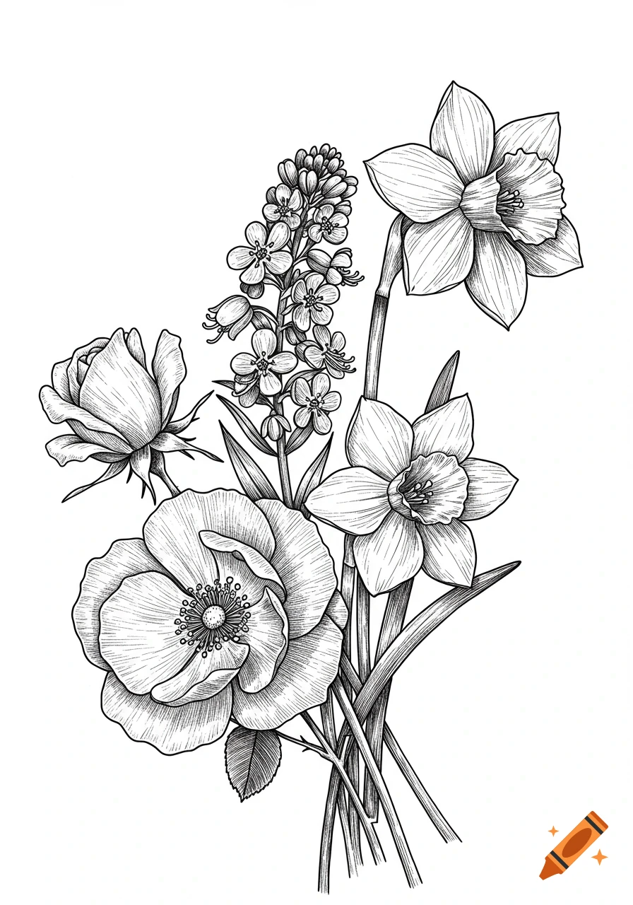 A black and white line drawing of a bouquet of flowers including a rose, daffodils, and others.