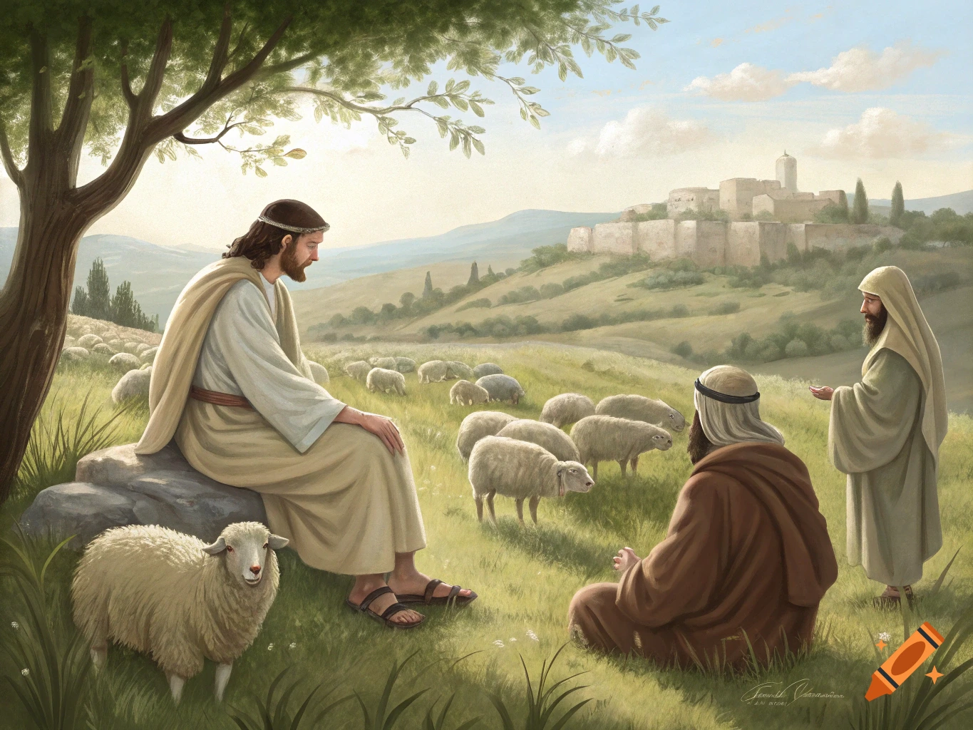 Jesus sitting with shepherds and sheep in a field near a walled city, painted style.
