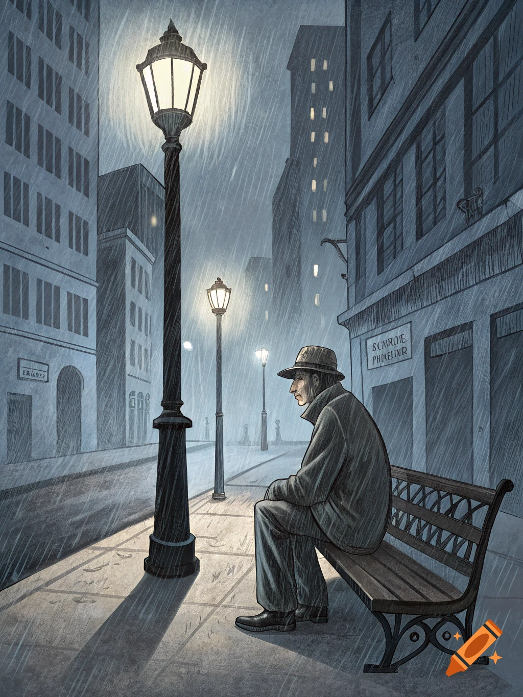 Illustration of a man sitting on a park bench in a rainy city street at night, lit by street lamps.
