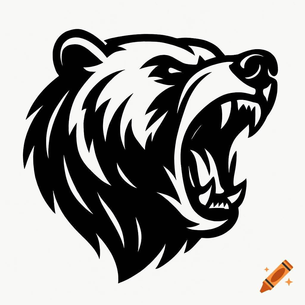 Black and white illustration of a roaring bear head.
