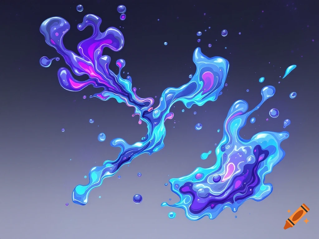 Stylized abstract splashes of blue and purple liquid with droplets.