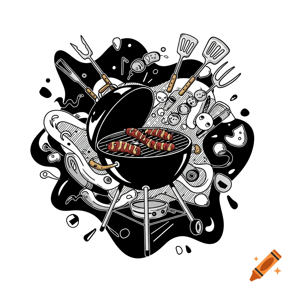 Stylized black and white illustration of a grill with sausages and BBQ tools surrounded by abstract shapes.