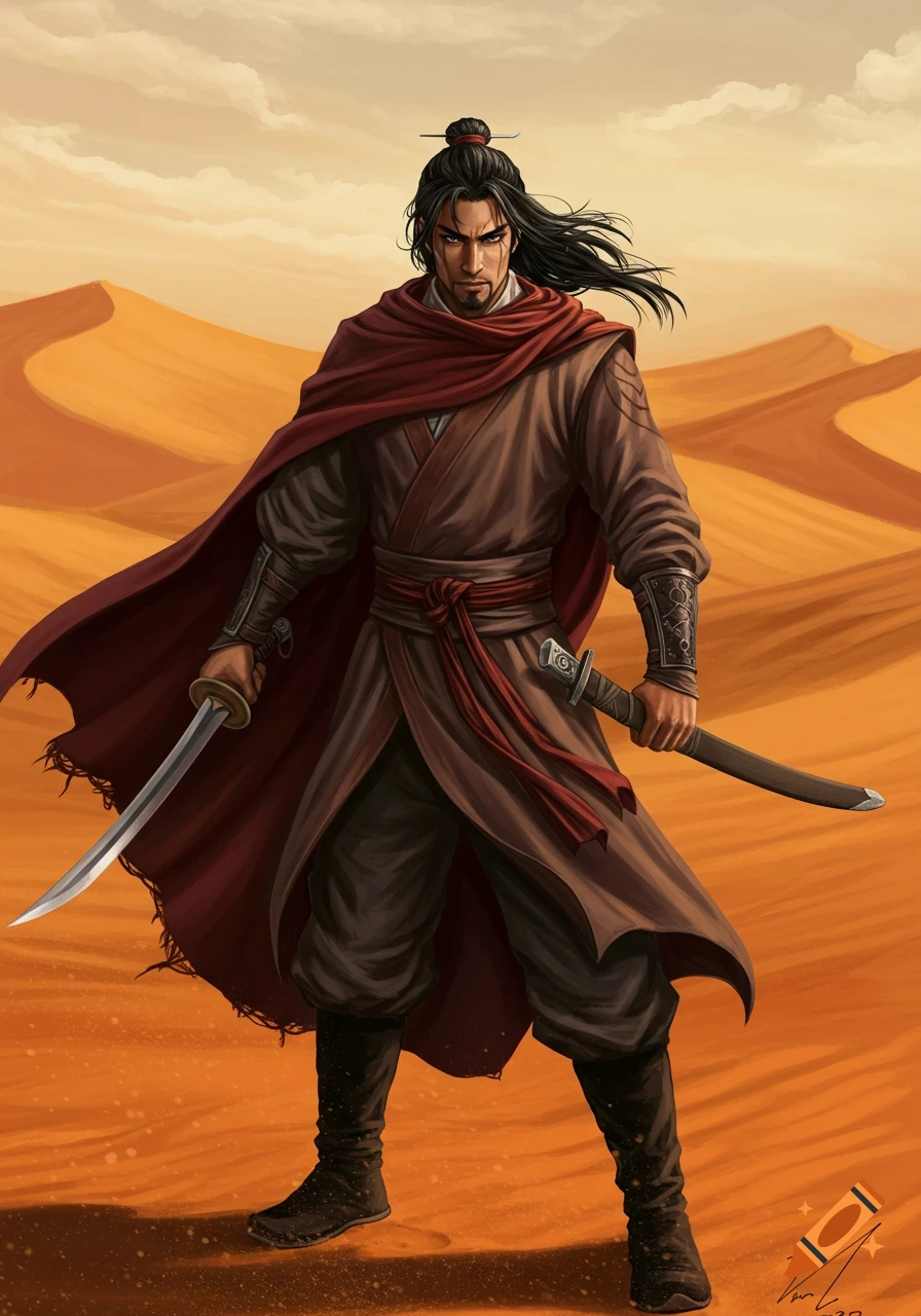 A male fantasy warrior stands in a desert holding two swords. on Craiyon
