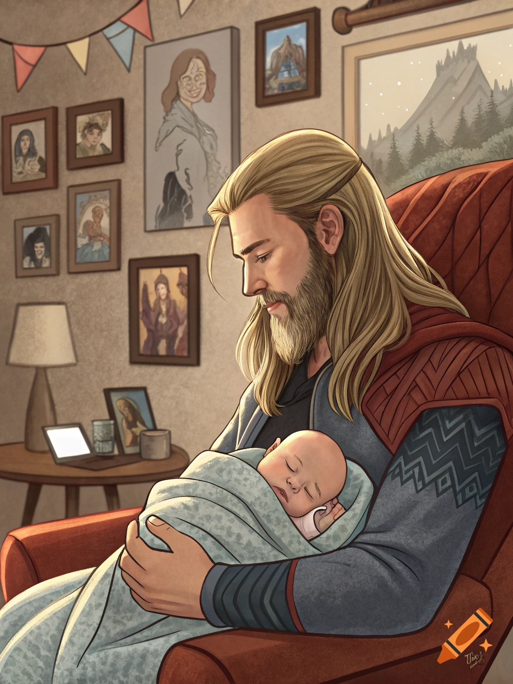 An illustration of Thor as a grandfather holding a baby in a chair.