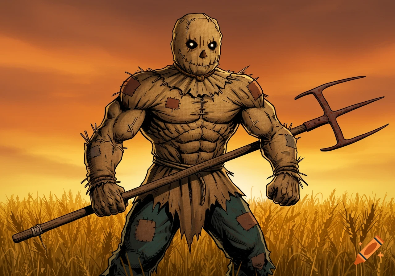 Muscular scarecrow holding a pitchfork in a field at sunset, comic art style