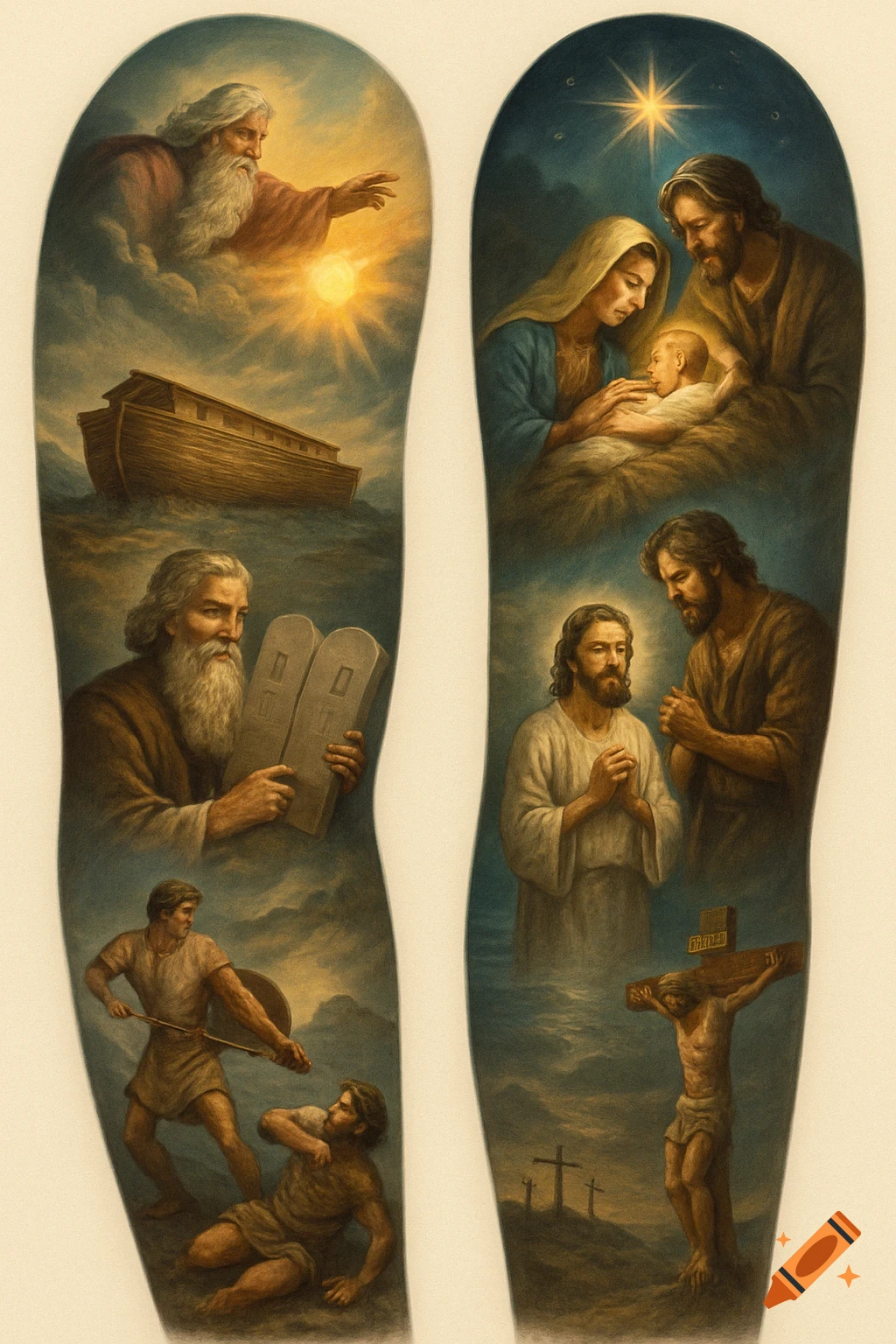 Painting of biblical timeline scenes on two arm-shaped panels, including Noah's Ark, Moses, Nativity, and Crucifixion.