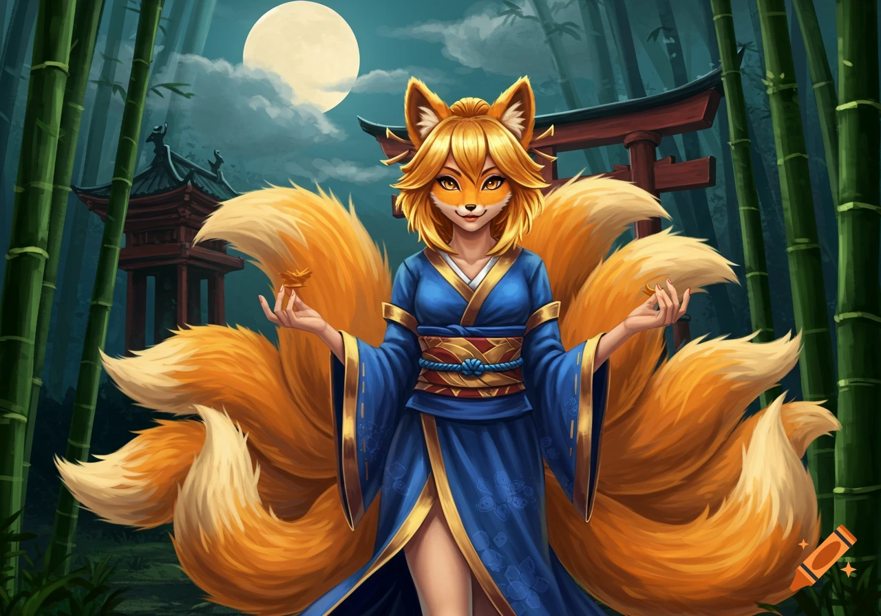 A nine-tailed fox spirit with golden hair and a blue kimono stands in a bamboo forest at night, holding a golden leaf.