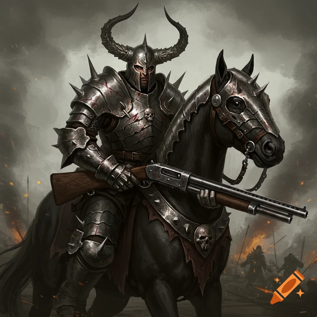 A dark fantasy warrior in spiky horned armor rides a horse, holding a sawed-off shotgun in a smoky battlefield.