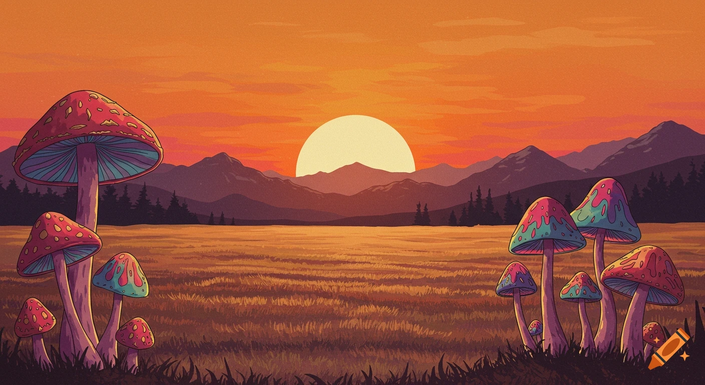 Psychedelic art of colorful mushrooms in a field with mountains and a sunset in the background, retro style.