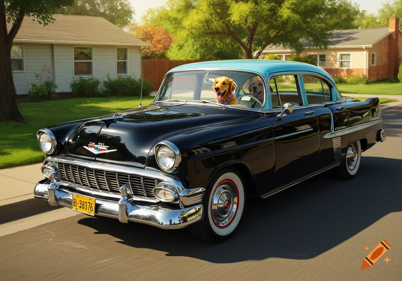 Two dogs are driving a black classic car down a suburban street.