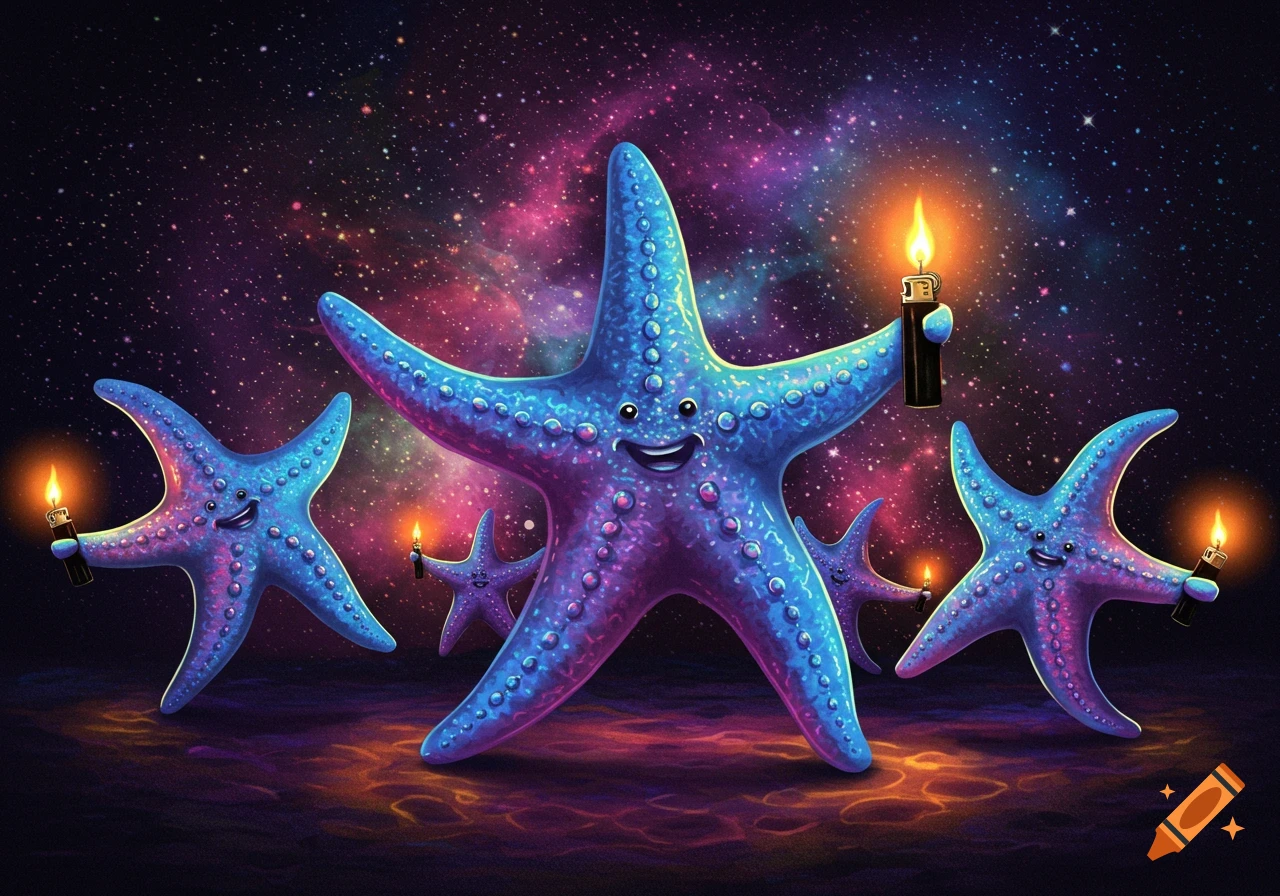 Blue and purple starfish dancing in space holding lighters.
