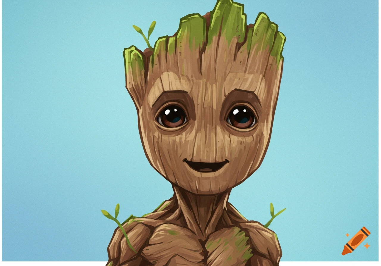 Cartoon illustration of Baby Groot smiling against a blue background