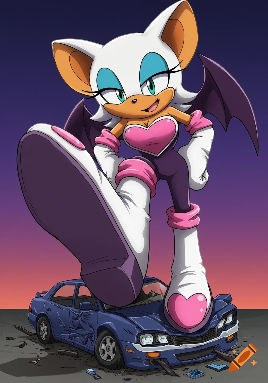 Rouge the Bat from Sonic stands on a crushed blue car in a cartoon illustration.