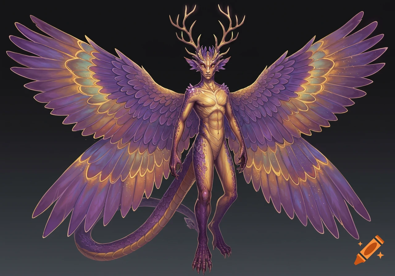 An androgynous human dragon hybrid creature with large purple and gold wings and antlers stands against a dark background, detailed digital illustration.