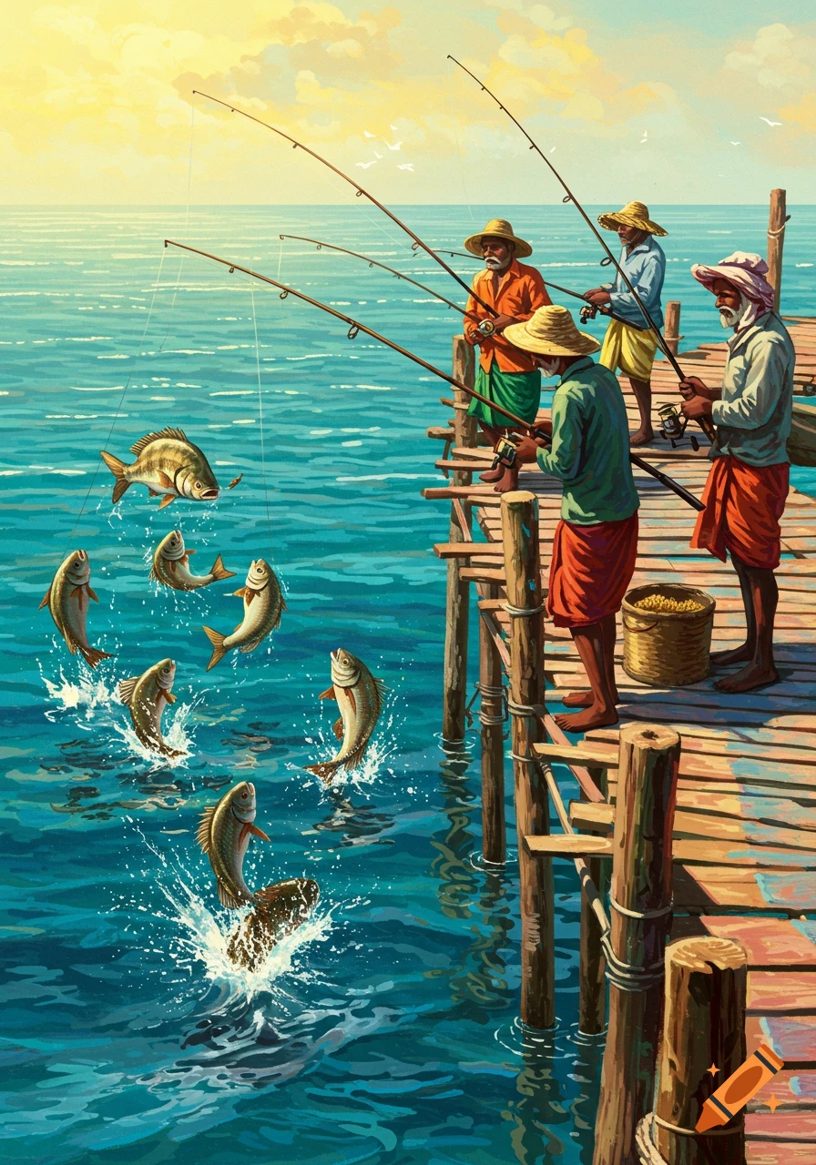 Painting of four men fishing from a pier with many fish jumping from the water under a bright sky.