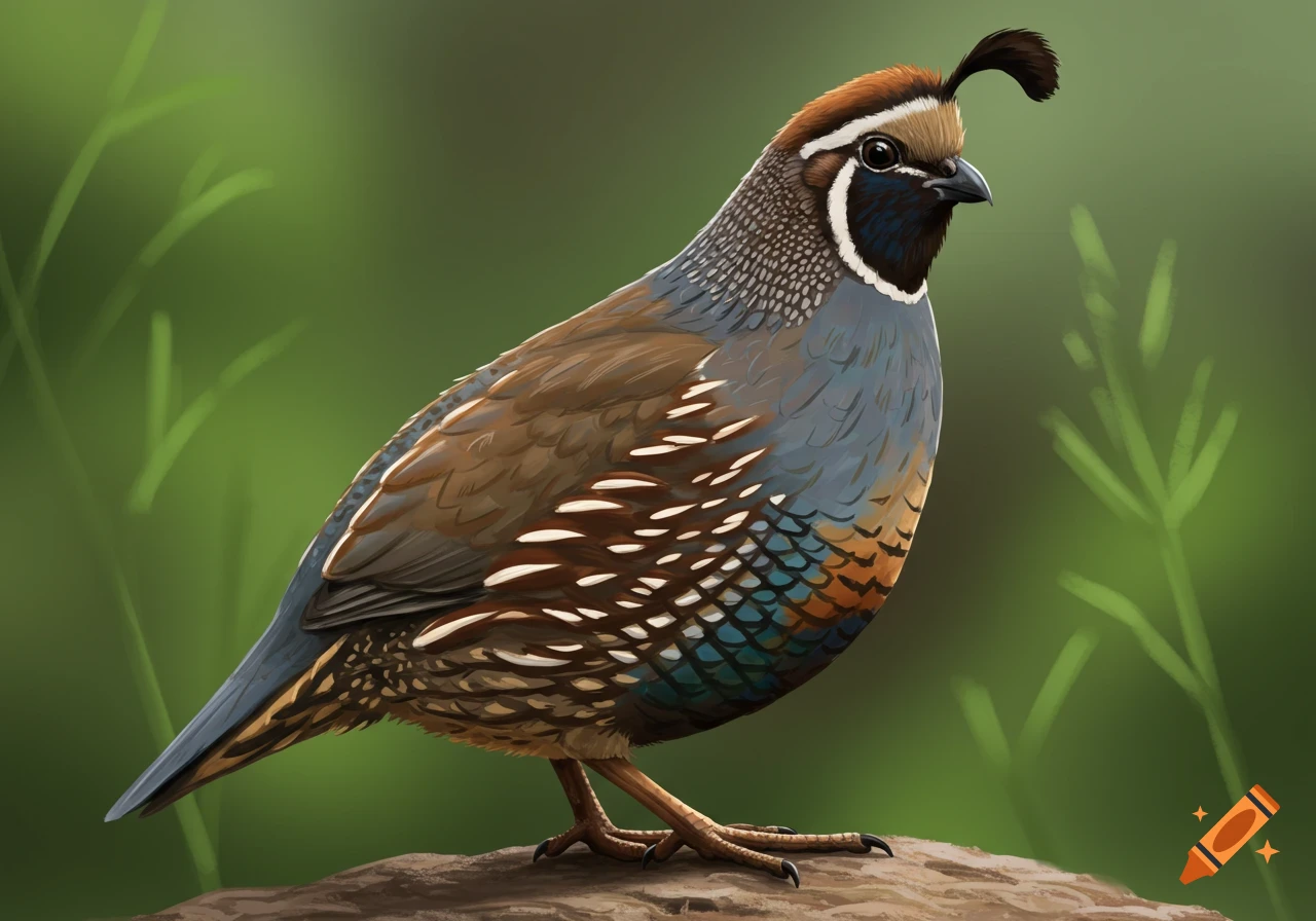 Quail Digital Rts Digital illustration of a quail standing on a log against a green ...