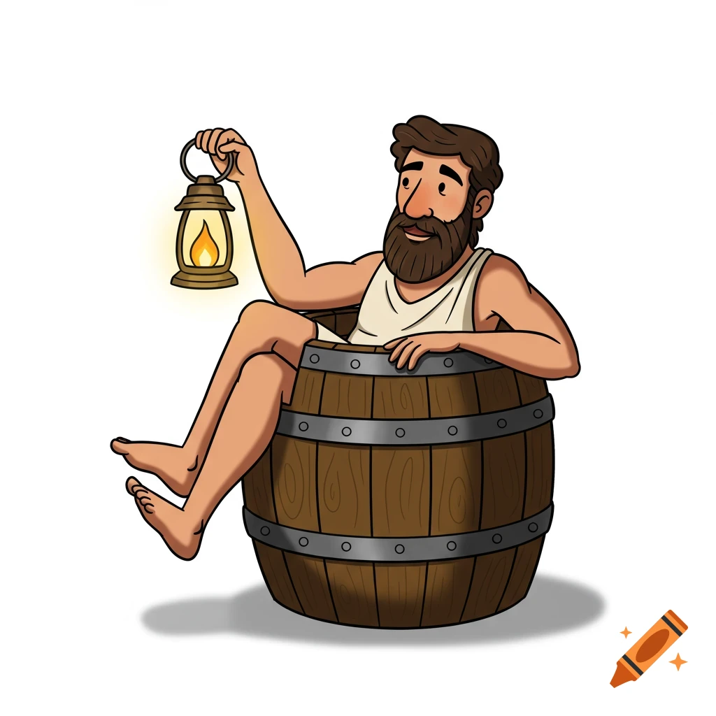 Cartoon of a bearded man in a barrel holding a lantern.