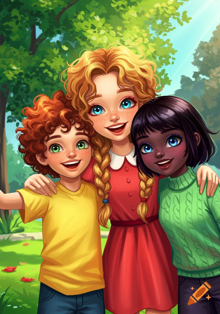 Illustration of three smiling kids standing together outside.
