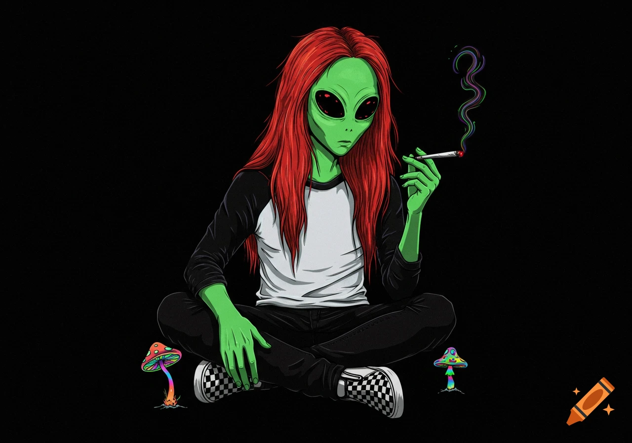 Illustration of a green alien with red hair smoking a joint, sitting with trippy mushrooms on a black background.