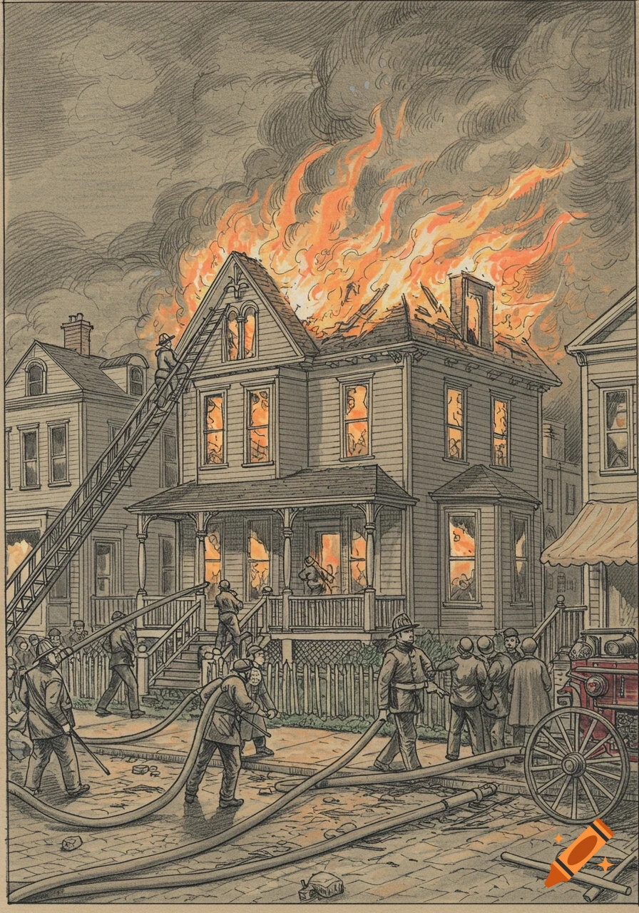 Sketch illustration of firefighters battling a house fire.