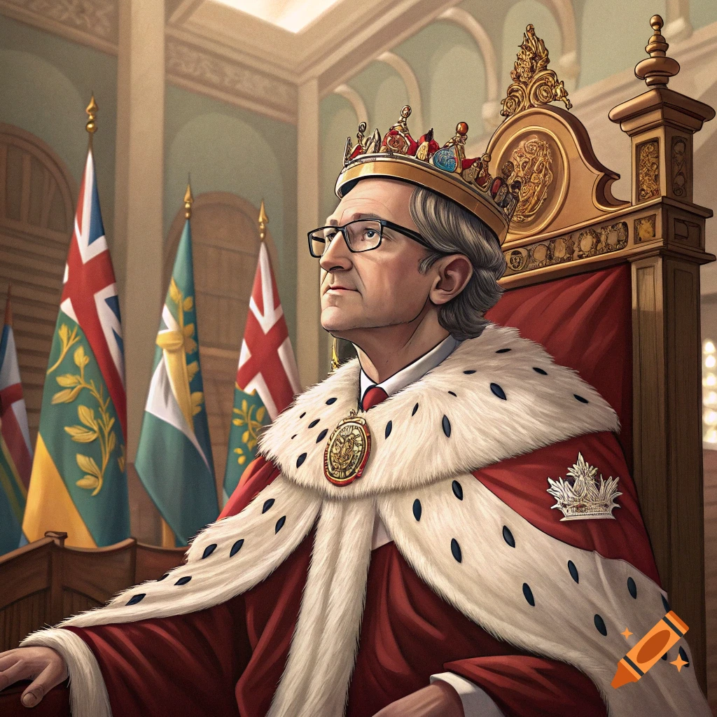 Portrait of a man in king's robes and crown on a throne.