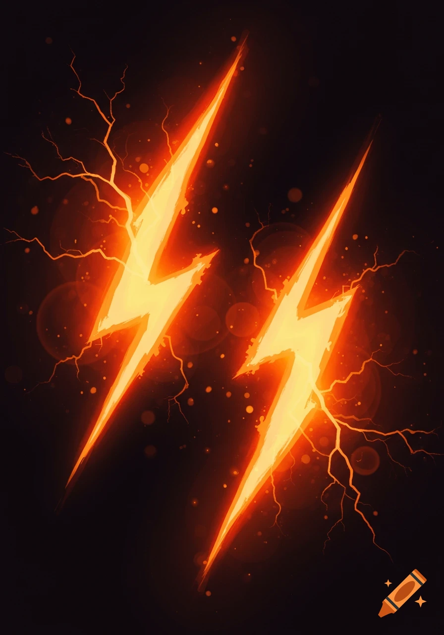 Two glowing orange lightning bolts with sparks and electrical tendrils on a dark background.