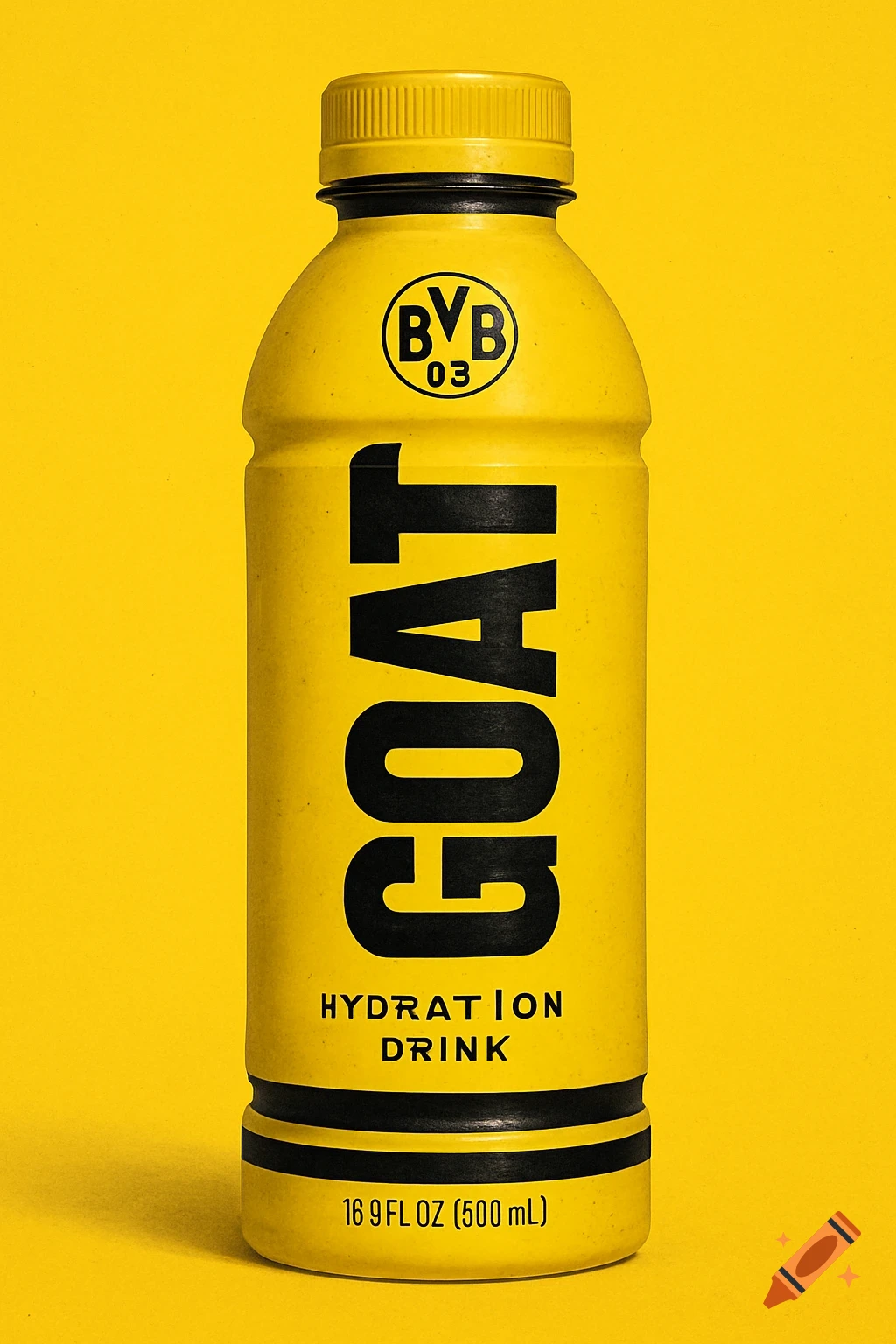 Yellow bottle with black text 'GOAT', 'Hydration Drink', and a BVB 03 logo on a yellow background.
