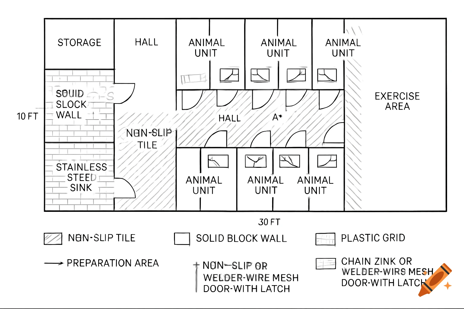 Architectural floor plan for animal housing, showing layout, units, exercise area, storage, and key/annotations.