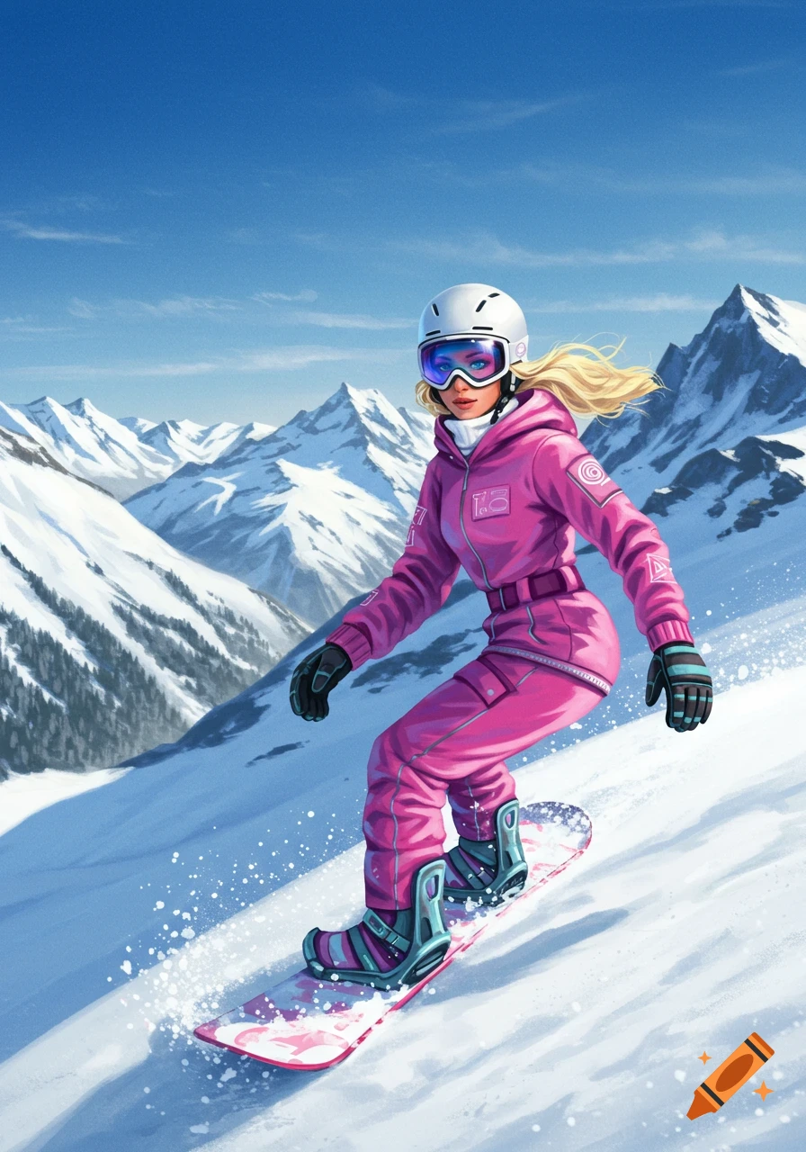 Illustration of a blonde woman in a pink snowsuit snowboarding down a snowy mountain.