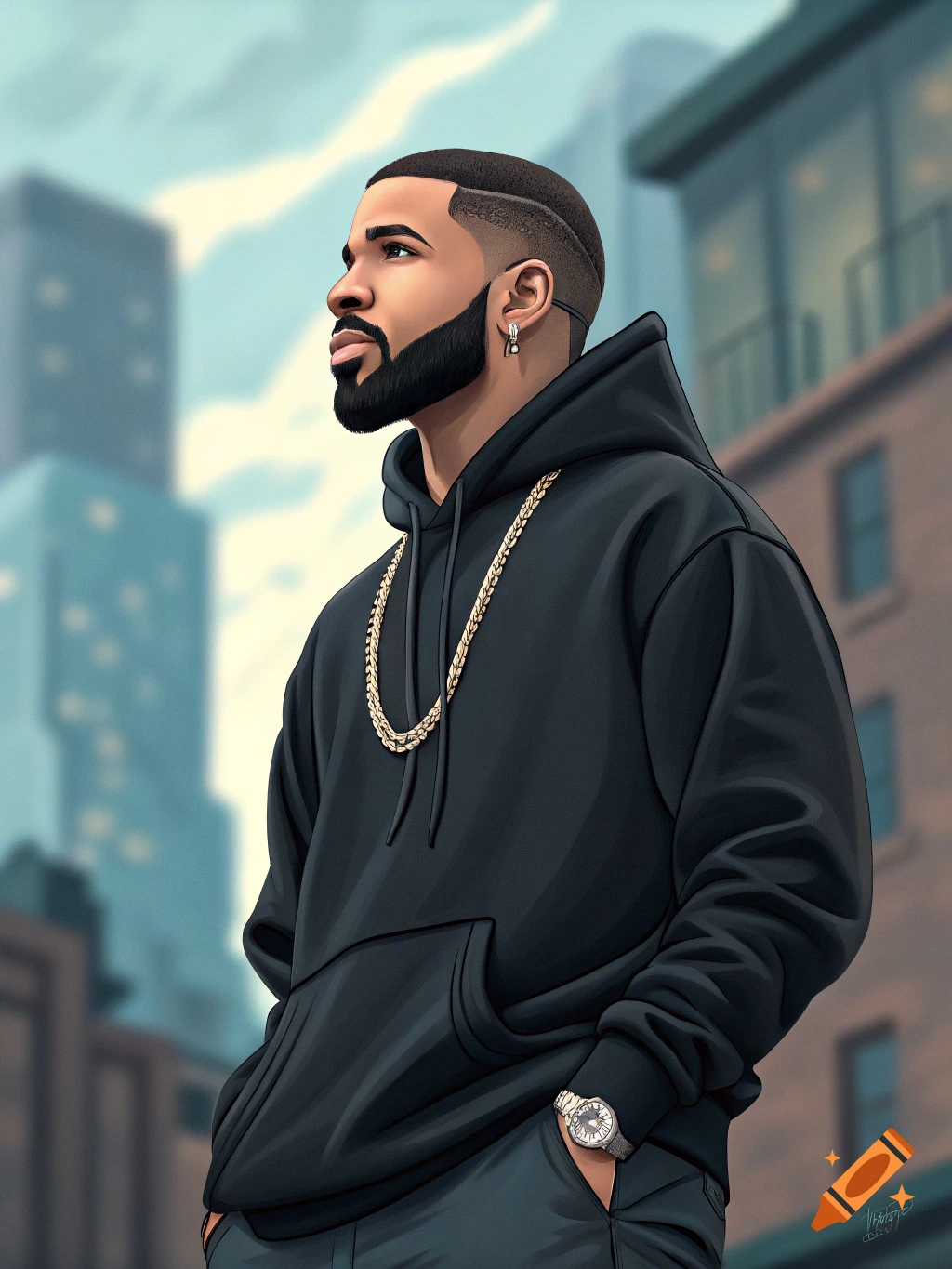 Illustration of a man resembling Drake in a black hoodie, gold chain, and watch standing in an urban setting.