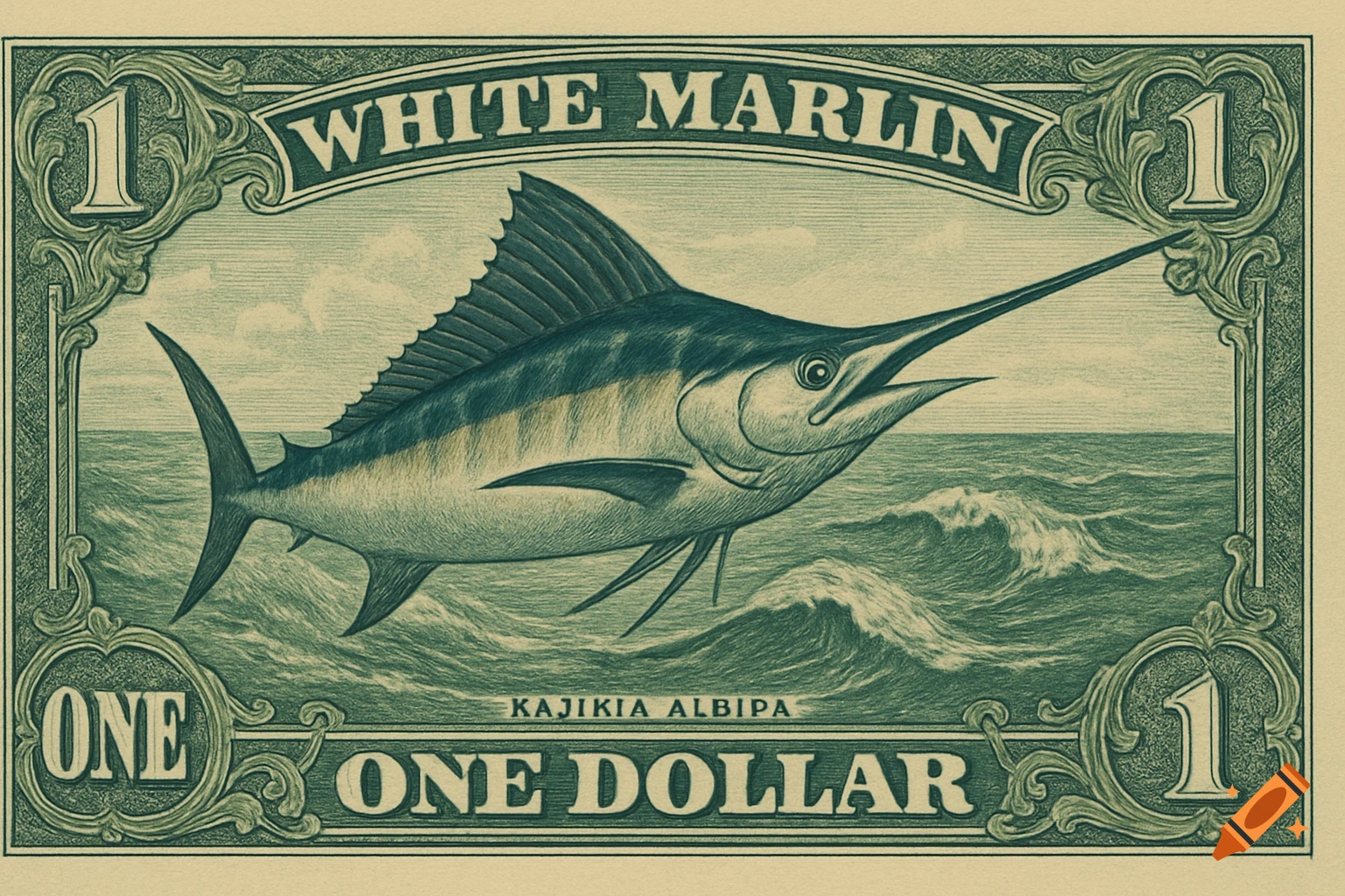 White marlin fish depicted on a dollar bill with currency markings.
