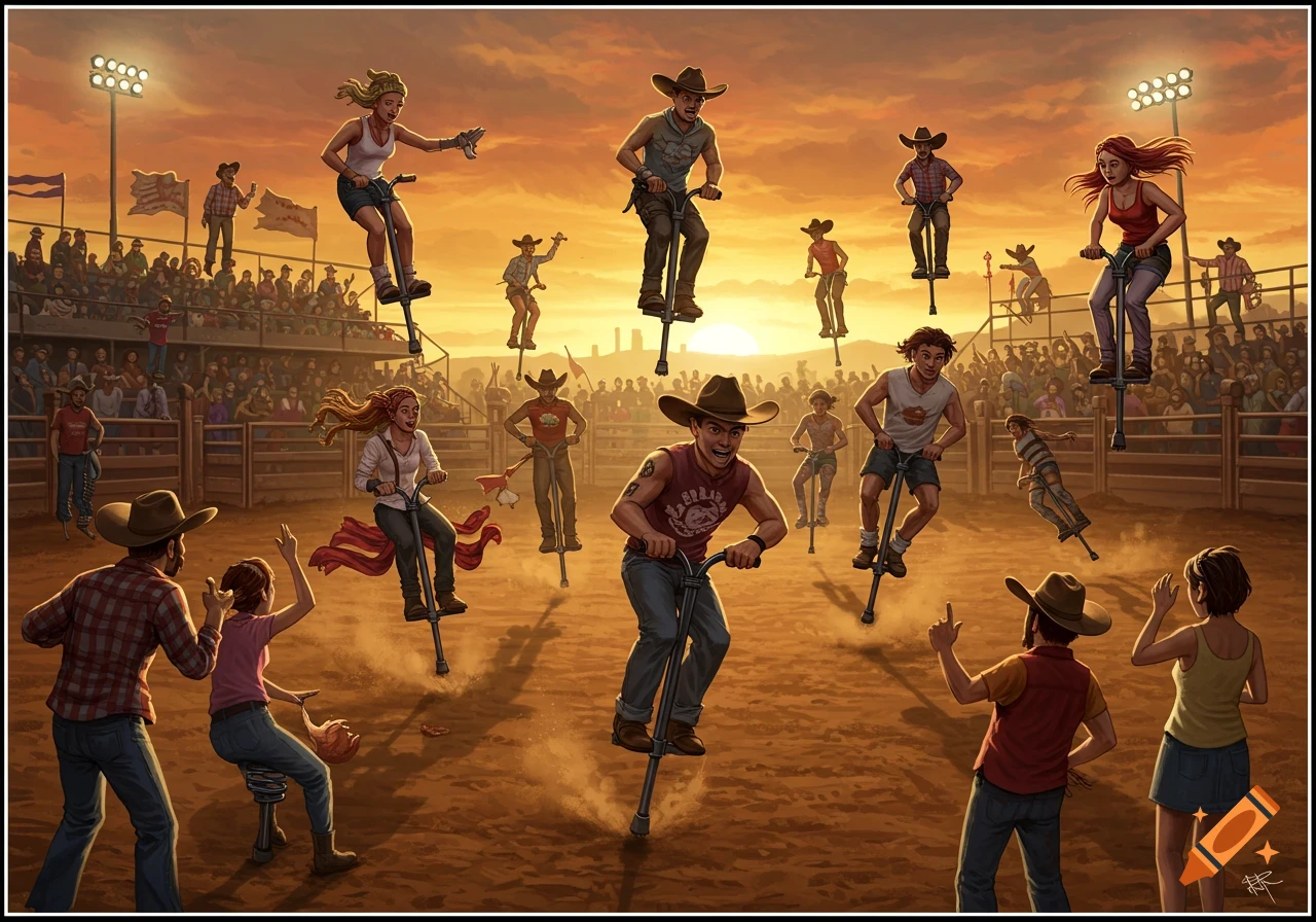 Illustration of people riding pogo sticks in a rodeo arena at sunset