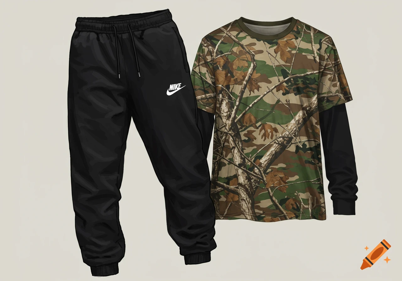 A black Nike tracksuit bottom and a camo long-sleeve t-shirt