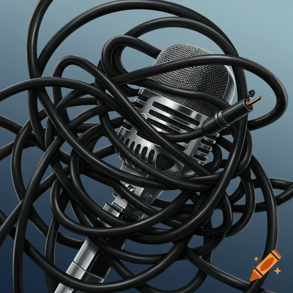 A vintage-style microphone tangled in black audio cables against a blue background.