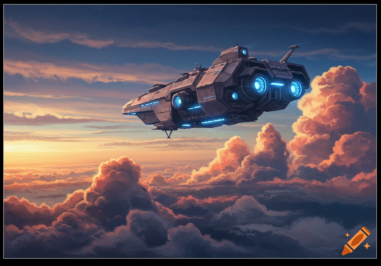 A large spaceship flies through colorful clouds at sunset.