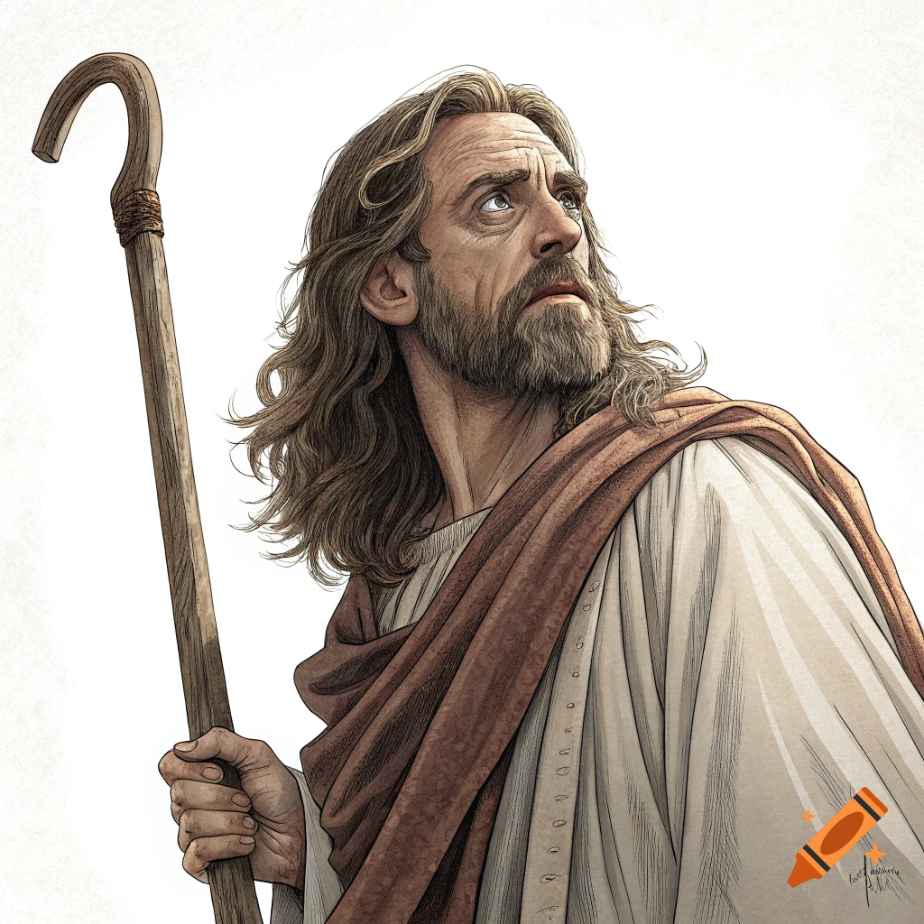 Illustration of a bearded man in robes holding a staff, looking up on ...