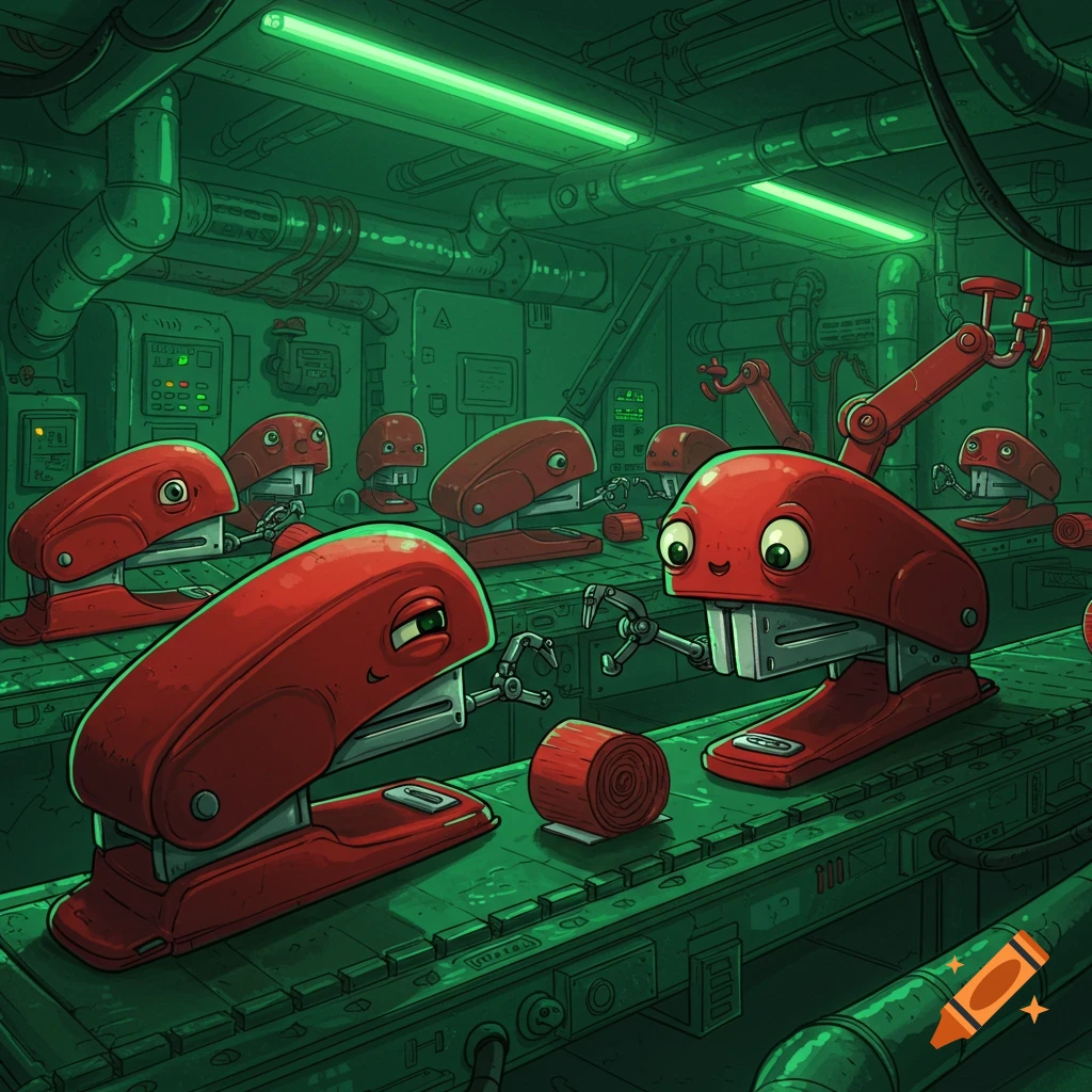 Cartoon red staplers with faces and arms on an assembly line in a factory.