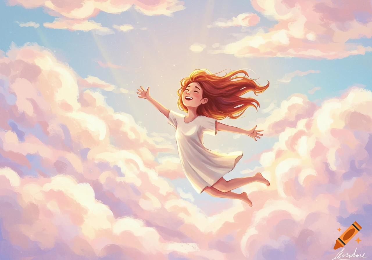 An illustration of a girl with red hair flying through pink and white clouds, arms outstretched and smiling.